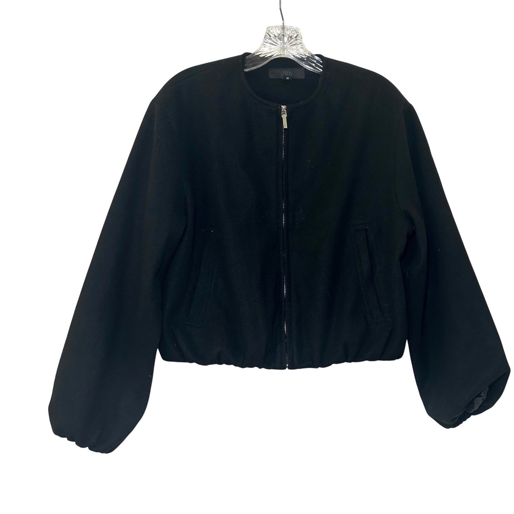 Zara Womens Black Felted Bomber Jacket Collarless Full Zip Cropped XS minimal
